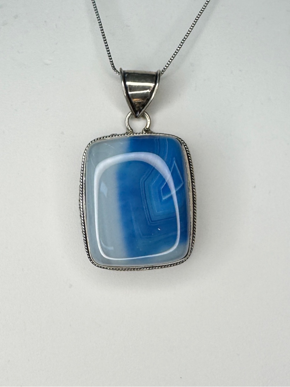 Blue Agate Square Pendant Necklace - Sterling Silver